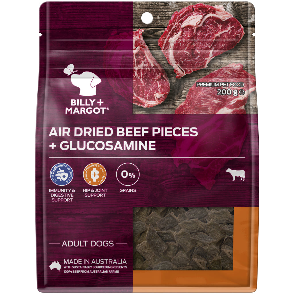 Billy + Margot Air Dried Beef Pieces + Glucosamine Adult Dog Food 200g