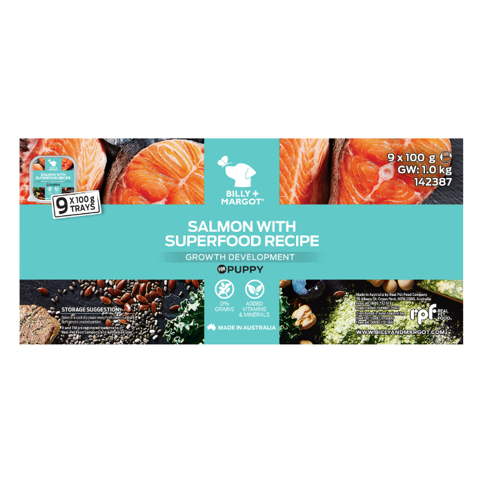 Billy + Margot Puppy Salmon With Superfood Recipe Wet Dog Food - 9x100g Trays