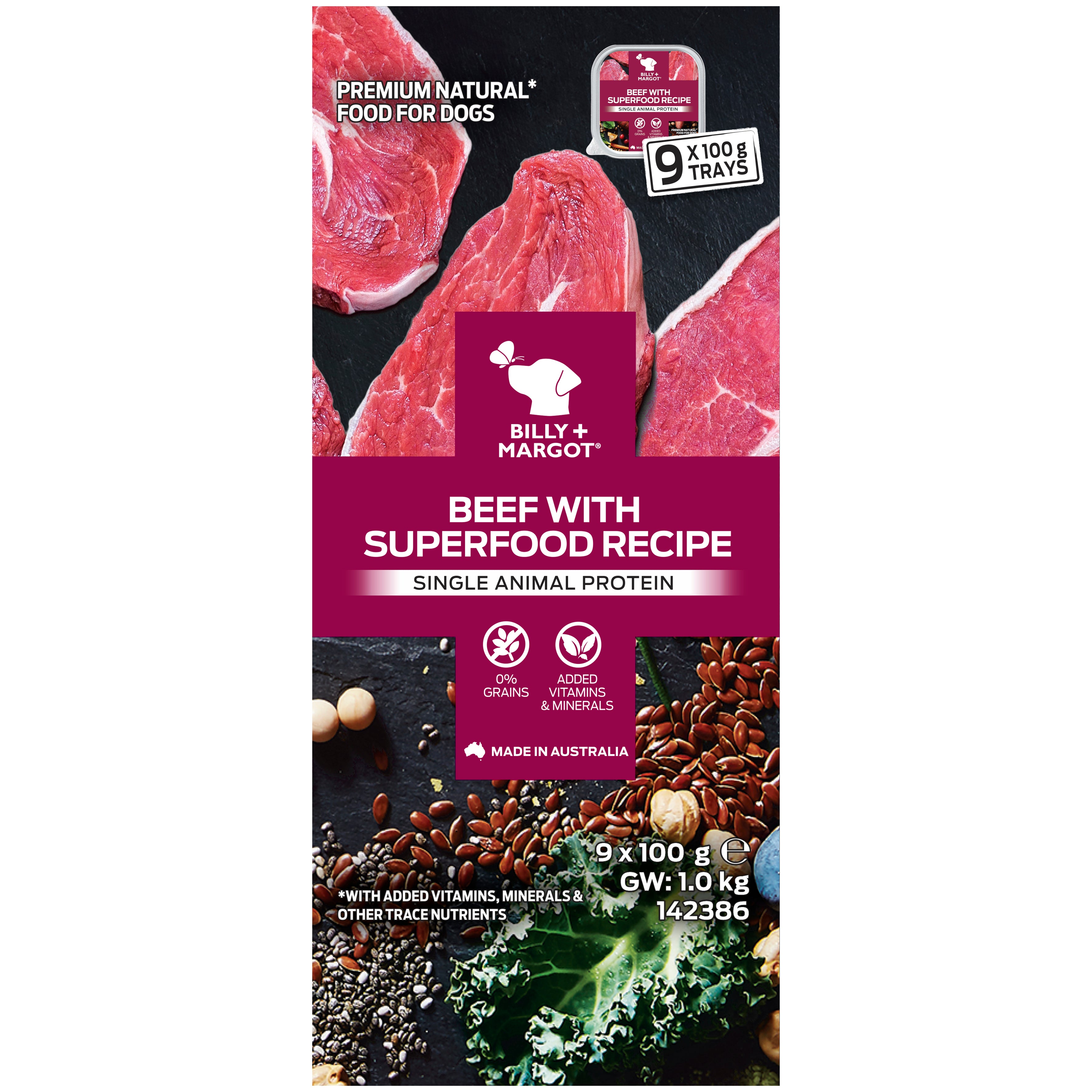 Billy + Margot Beef With Superfood Recipe Wet Dog Food - 9x100g Trays