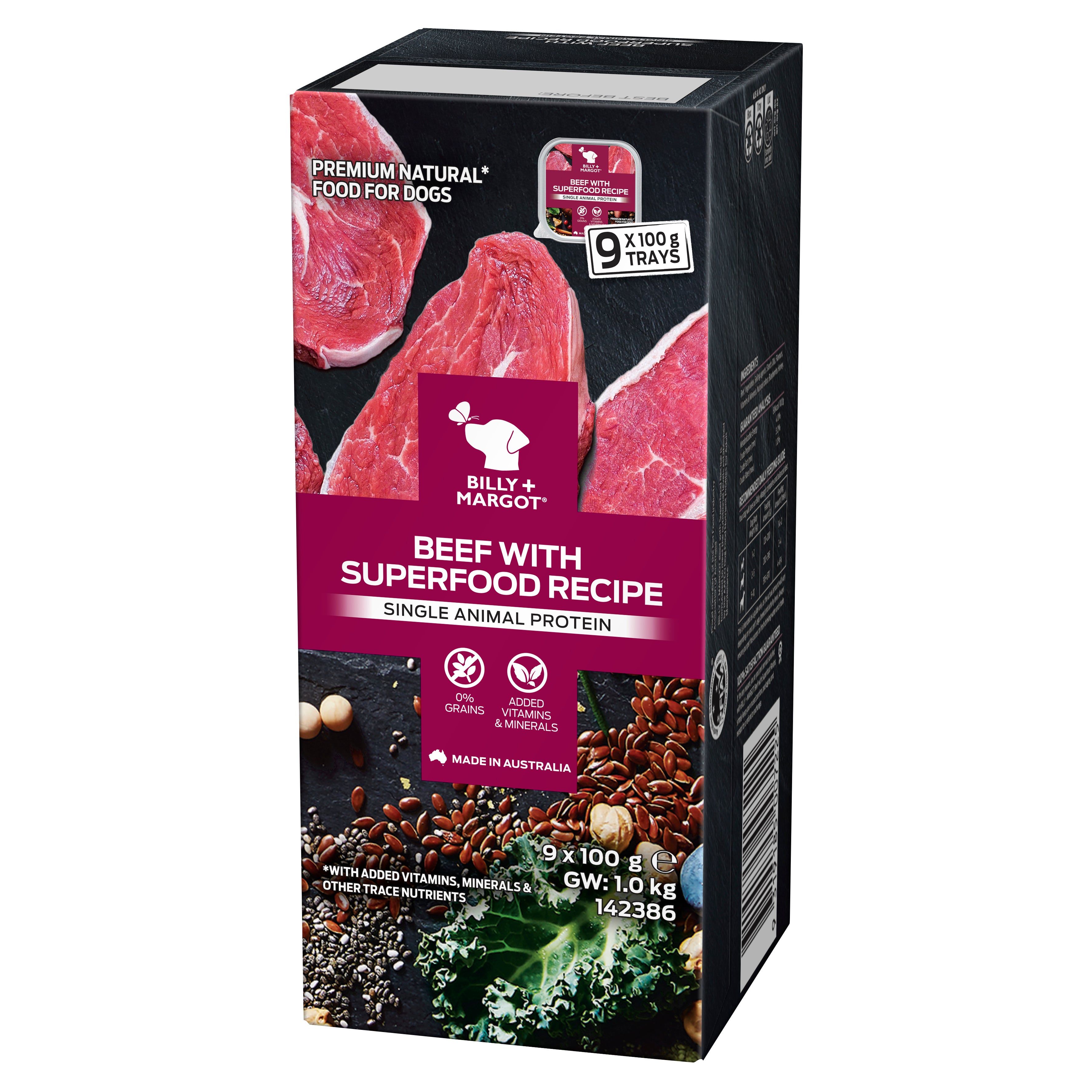 Billy + Margot Beef With Superfood Recipe Wet Dog Food - 9x100g Trays