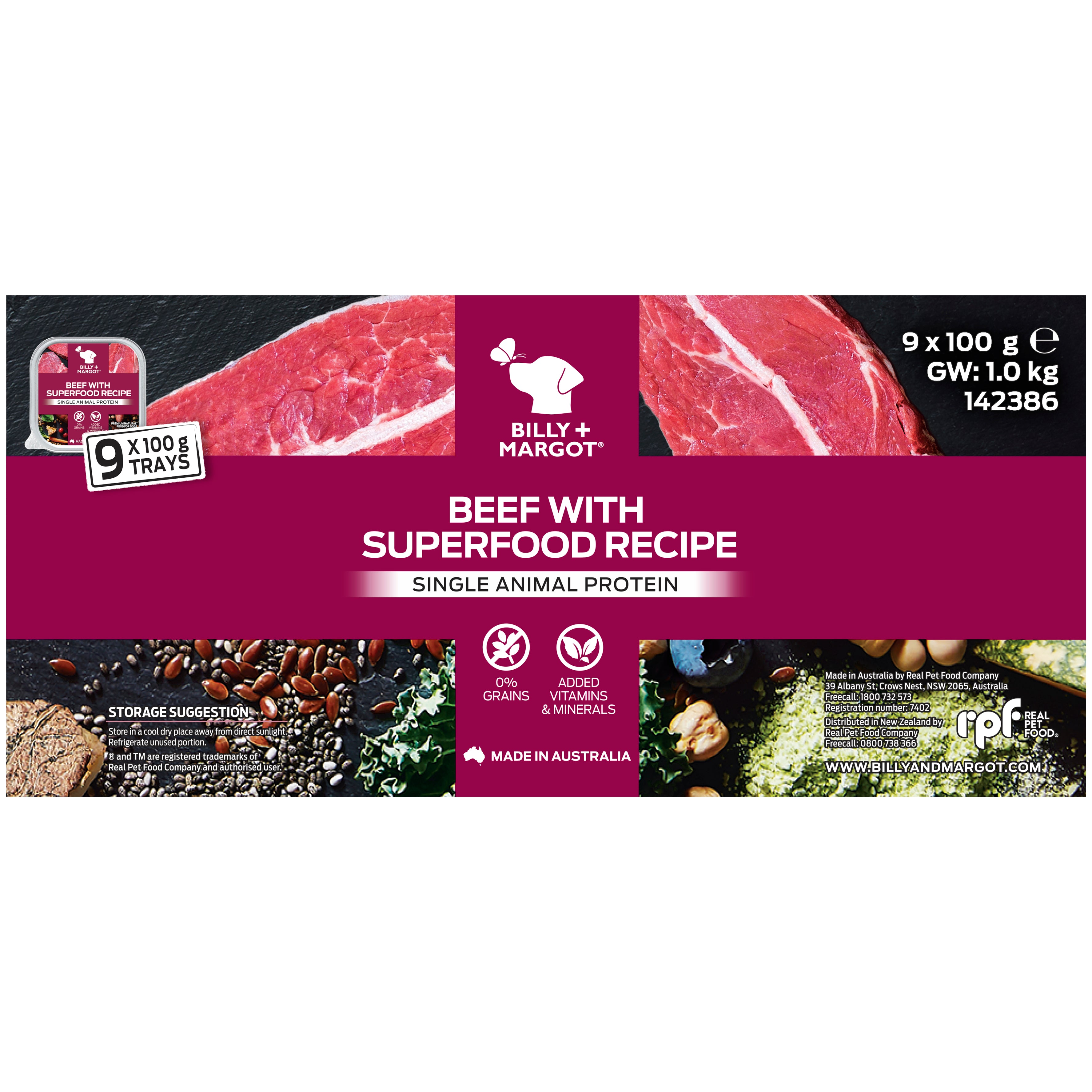 Billy + Margot Beef With Superfood Recipe Wet Dog Food - 9x100g Trays