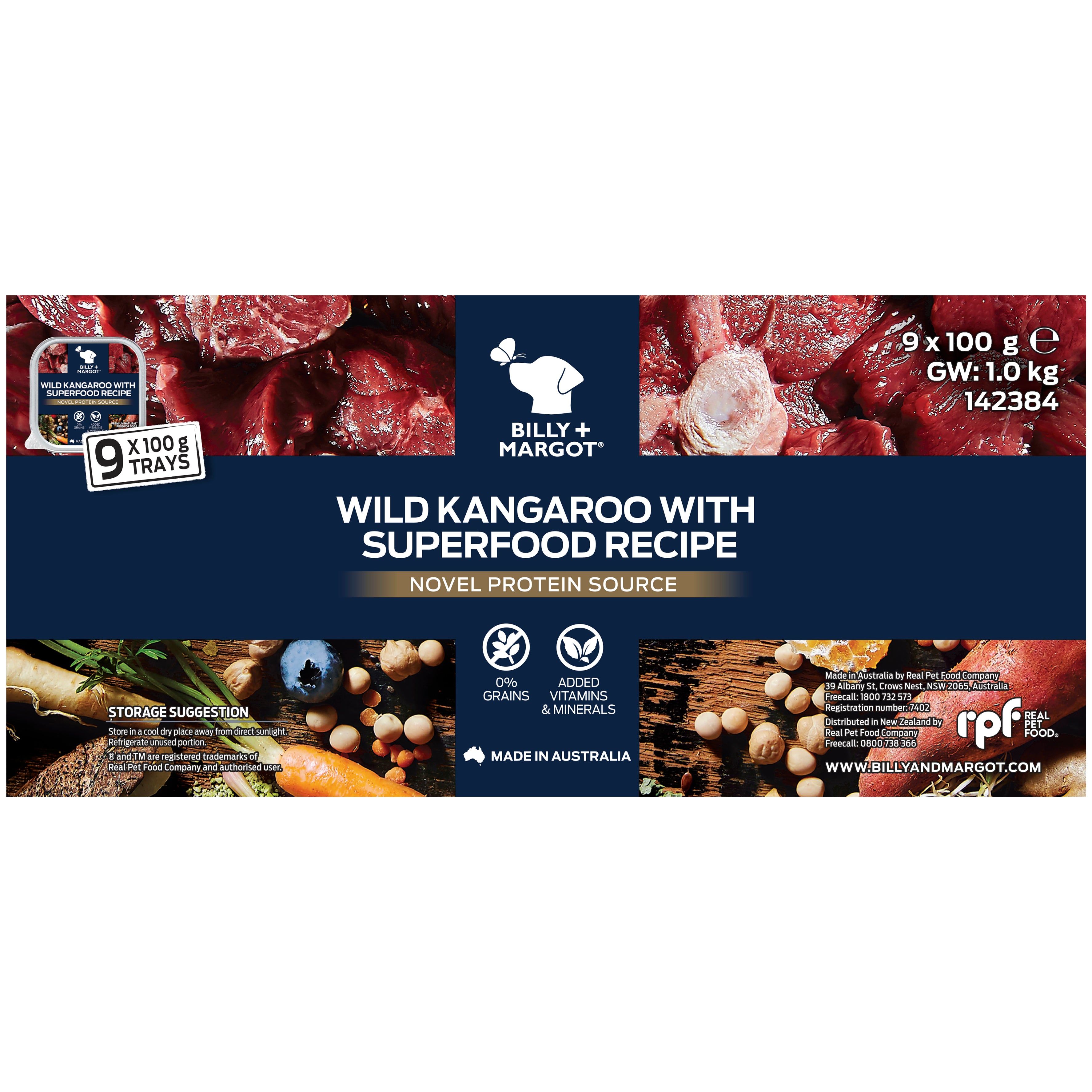 Billy + Margot Wild Kangaroo With Superfood Recipe Wet Dog Food - 9x100g Trays