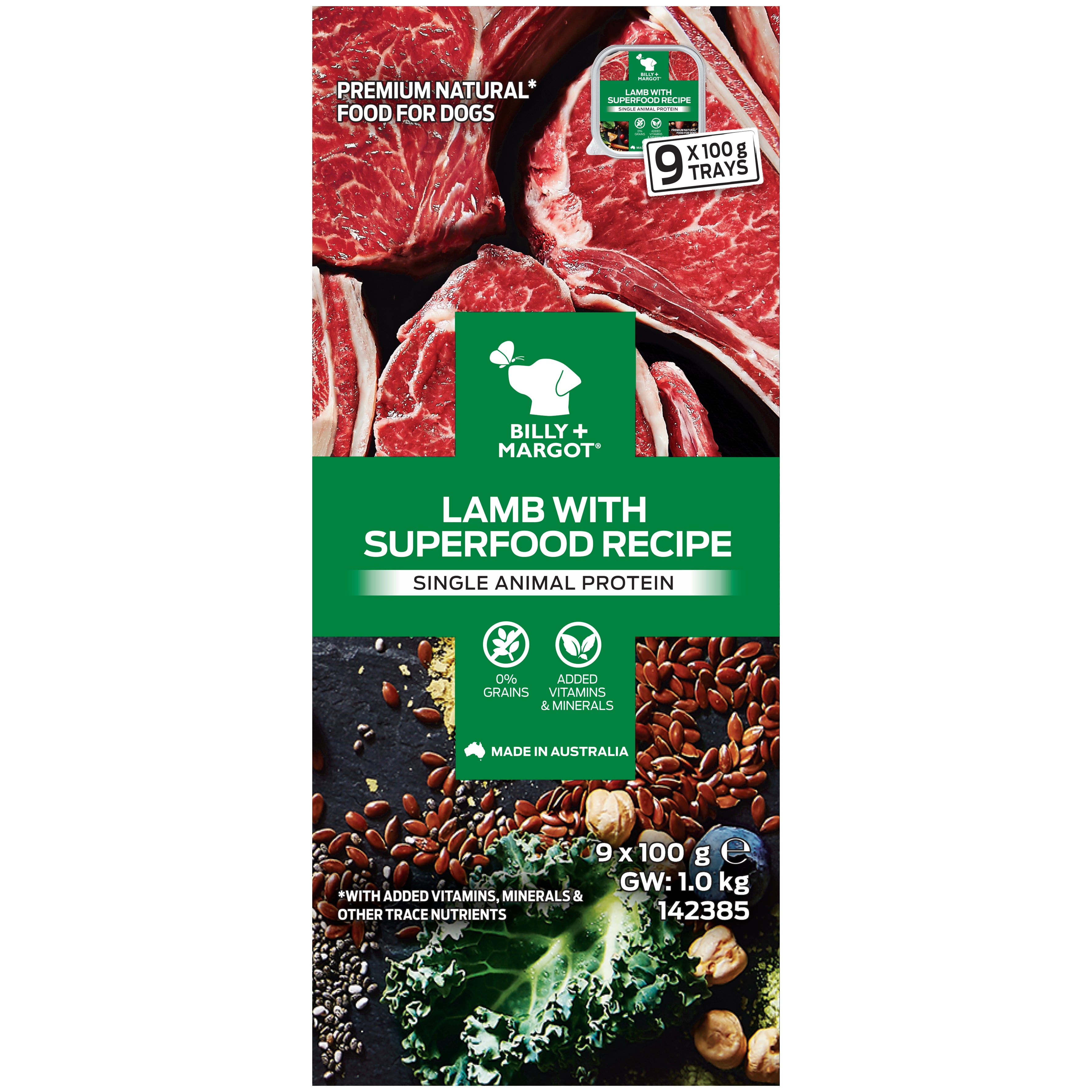 Billy + Margot Lamb With Superfood Recipe Wet Dog Food - 9x100g Trays