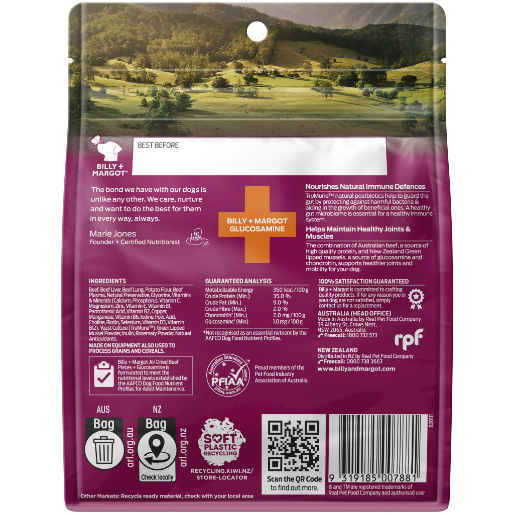 Billy + Margot Air Dried Beef Pieces + Glucosamine Adult Dog Food 200g